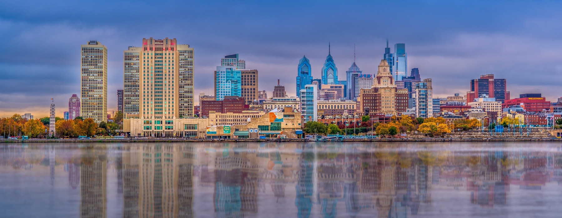Philadelphia skyline view near Northern Liberties, showcasing the Delaware River waterfront and downtown cityscape in Philadelphia, Pennsylvania.